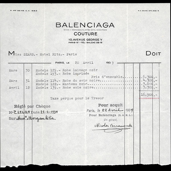 Balenciaga - Facture de la maison de couture 10 avenue George V à Paris (1939)