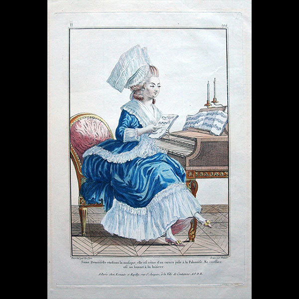 Gallerie des Modes et Costumes Français, 1778-1787, gravure n° jj 194, Jeune Demoiselle étudiant la musique (1780)