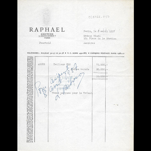 Raphael - Facture de la maison Raphael, 3 avenue George V à Paris (1951)