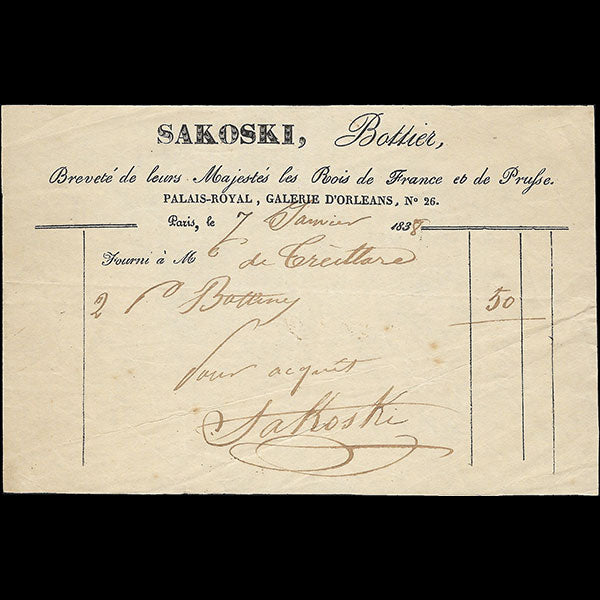 Sakoski - Facture du bottier, 26 Galerie d'Orléans au Palais Royal à Paris (1838)