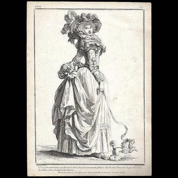 Gallerie des Modes et Costumes Français, 1778-1787, gravure n° eee 312, La minaudière Marinette par Watteau (1785)