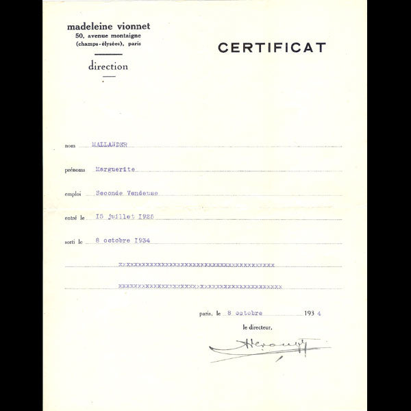 Vionnet - Certificat de travail (1934)