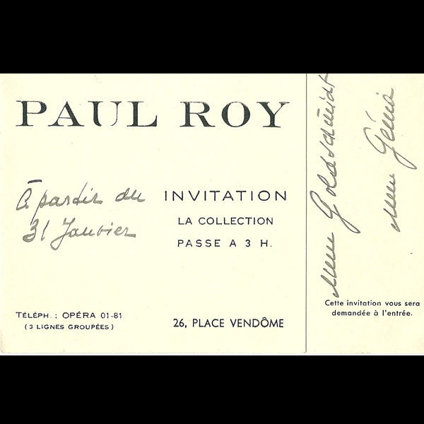 Carton d'invitation de la maison Paul Roy, 26 place Vendôme à Paris (circa 1937-1940)