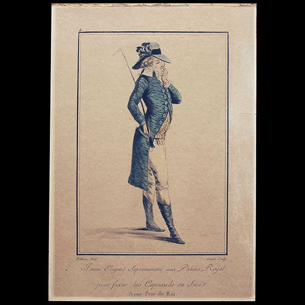 Cris et Costumes de Paris, gravure n°4, Jeune Elegant se promenant aux Palais Royal pour fixer les Caprices de sa Soirée par Watteau en 1786, copie postérieure du XIXème siècle