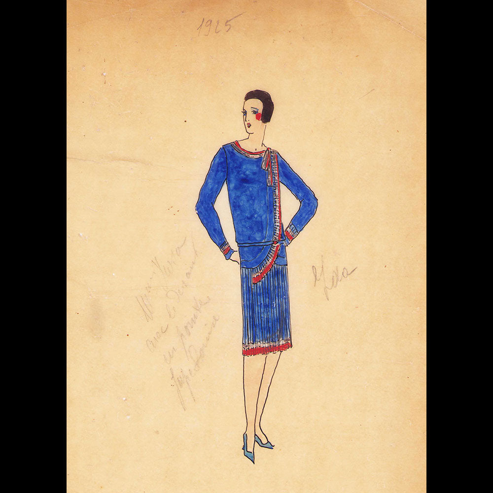 Fashion drawing of evening dress from a Paris Couture House (c. 1925-1930)