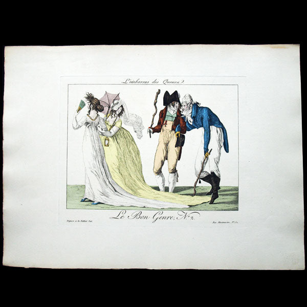 Le Bon Genre, gravure n°2, l'embarras des queues (1801), réédition de 1931