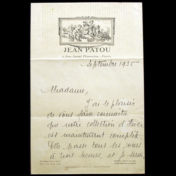 Lettre de la maison Jean Patou annonçant la nouvelle collection pour l'hiver 1935