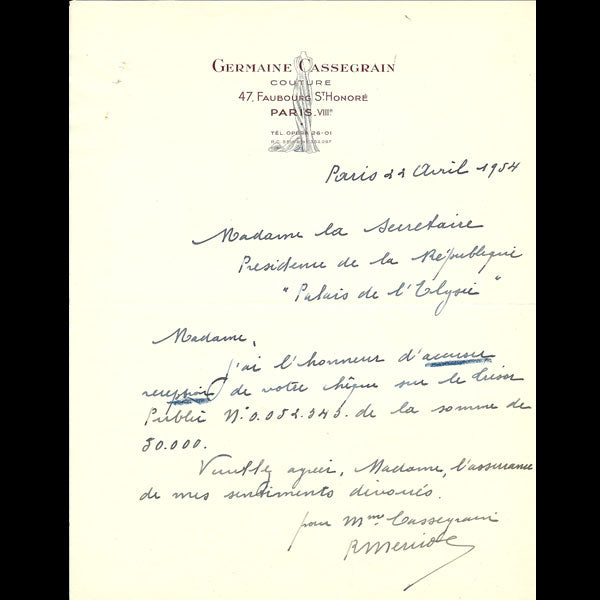 Reçu de la maison de couture Germaine Cassegrain adressé à la présidence de la république (1954)