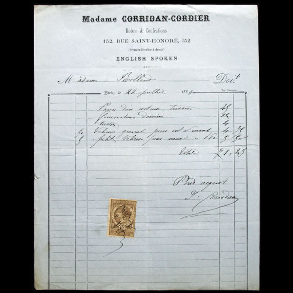 Facture de Mme Corridan-Cordier, robes & confections, 152 rue Saint-Honoré à Paris (1884)