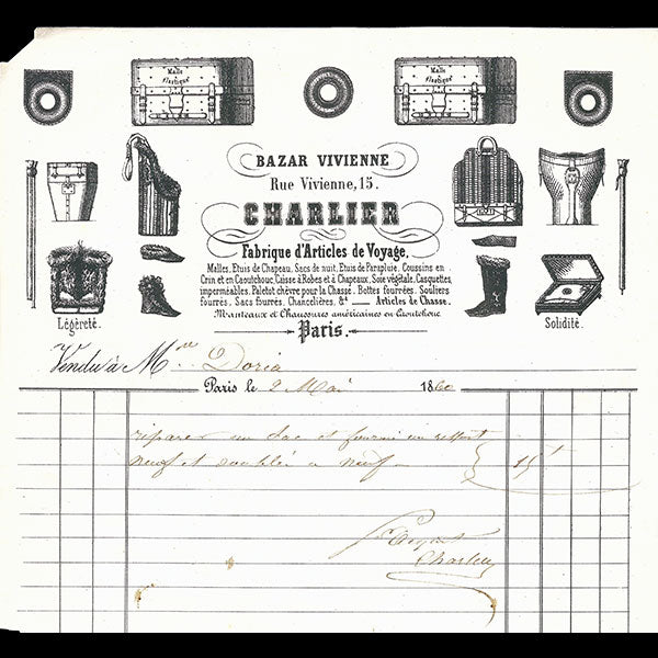 Facture de la maison Charlier, Bazar Vivienne, fabrique d'articles de voyage, 15 rue Vivienne à Paris (1860)