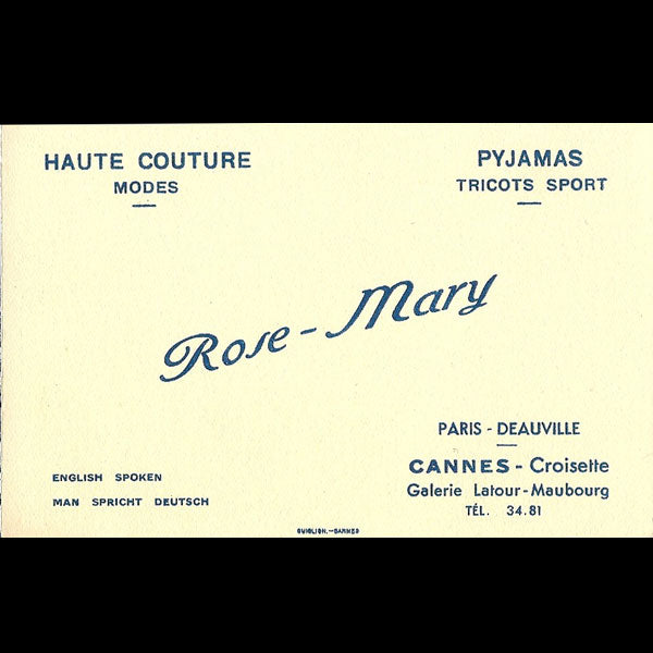 Carte de visite de la maison Rose-Mary, Galerie Latour-Maubourg à Cannes (circa 1935)
