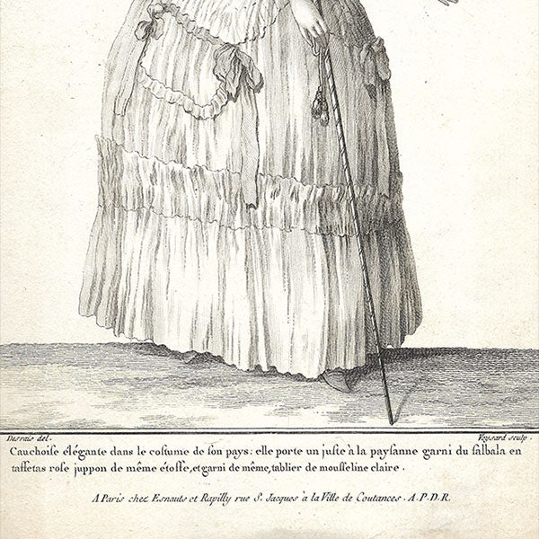 Gallerie des Modes et Costumes Français, 1778-1787, gravure n° Y 137, Cauchoise élégante par Desrais (1779)