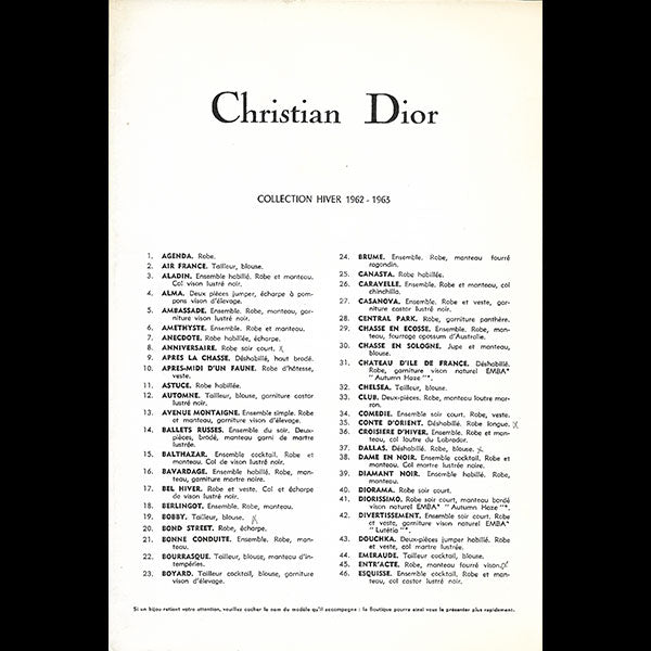 Christian Dior, collection Hiver 1962-1963
