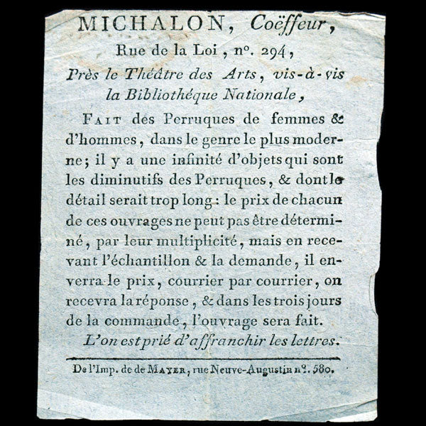 Présentation du Coiffeur Michalon, 294 rue de la loi, Paris (circa 1795)