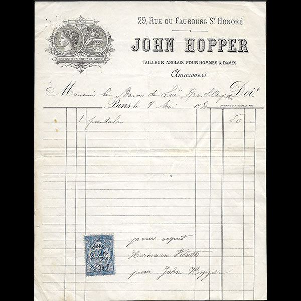 John Hopper - Facture du tailleur anglais, 29 rue du Faubourg Saint-Honoré à Paris (1880