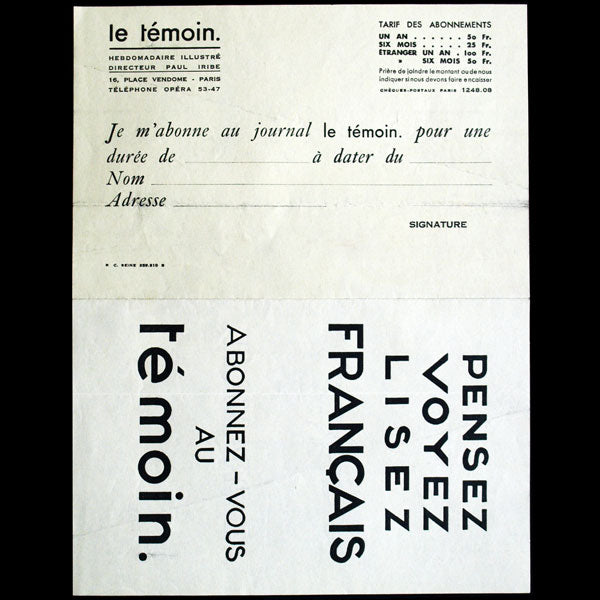 Paul Iribe - Lettre à l'en-tête du Témoin et bulletin d'abonnement (circa 1933)