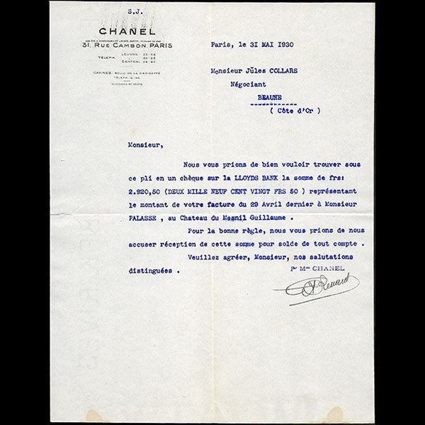 Lettre de la maison Chanel, 31 rue Cambon à Paris (1930)