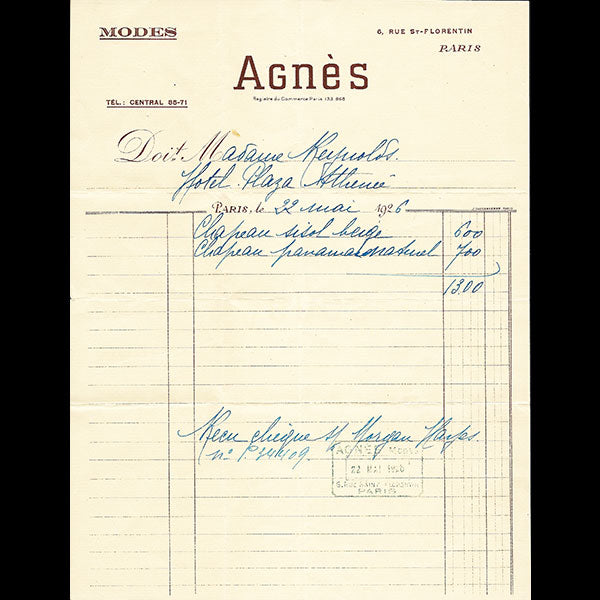 Agnès - Facture de la maison Agnès, 6 rue Saint-Florentin à Paris (1926)
