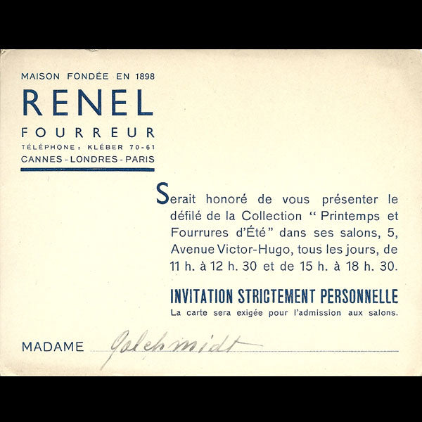 Carton d'invitation du fourreur Renel, 5 avenue Victor Hugo à Paris (circa 1935)