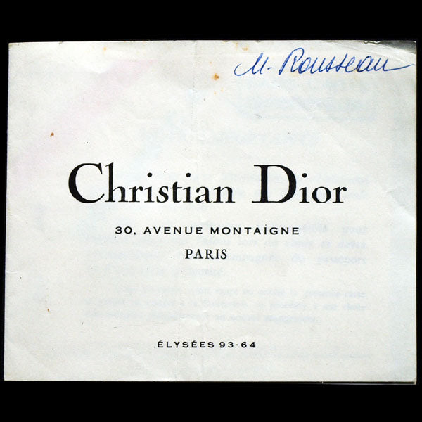 Carton d'invitation au défilé Christian Dior du 7 août 1957