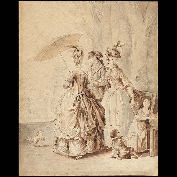 Moreau Le Jeune - Dessin de la planche Le Rendez-vous pour Marly (1777)