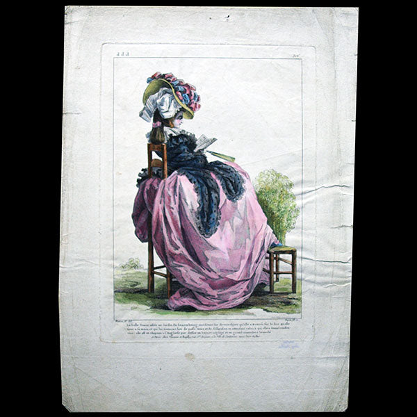 Gallerie des Modes et Costumes Français, 1778-1787, gravure n° ddd 306, la Belle Suzon par Watteau (1785)