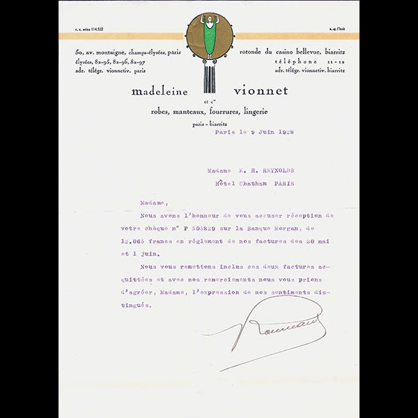 Vionnet - Lettre d'accusé de réception, 50 avenue Montaigne à Paris (9 juin 1928)