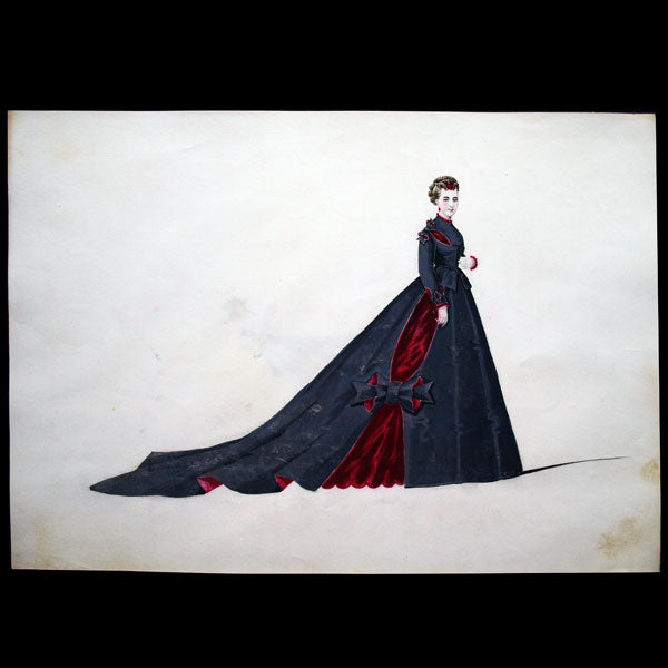 Projets de robes, ensemble de 3 dessins à l'aquarelle d'un dessinateur en costumes et robes (circa 1860-1870)