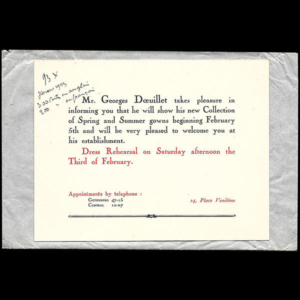 Doeuillet - Carte d'invitation aux présentations de la collection Printemps-Eté 1923