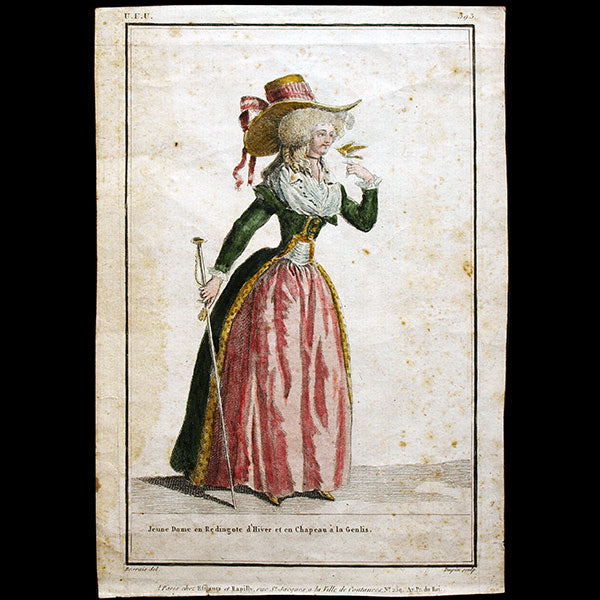 Gallerie des Modes et Costumes Français, 1778-1787, gravure n° uuu 393, Jeune Dame en Redingote d'Hiver et en Chapeau à la Genlis (1787)