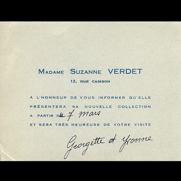 Carton d'invitation de la maison Suzanne Verdet, 12 rue Cambon à Paris (circa 1930)