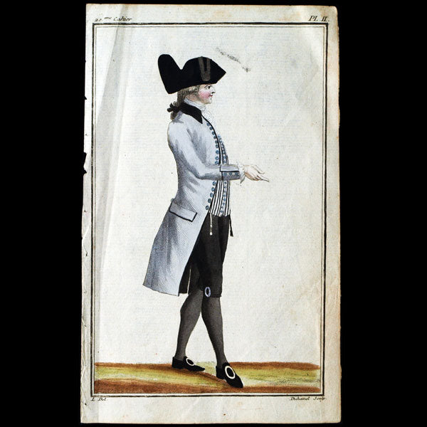 Cabinet des modes, 20ème cahier, planche 2 - Homme en habit gris (1er septembre 1786)