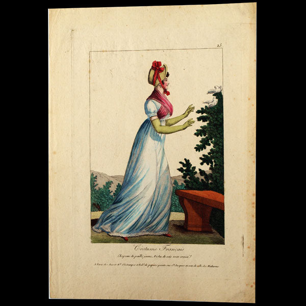Basset - Costume Français, Chapeau de paille jaune, Fichu de soie rose croisé (circa 1795)
