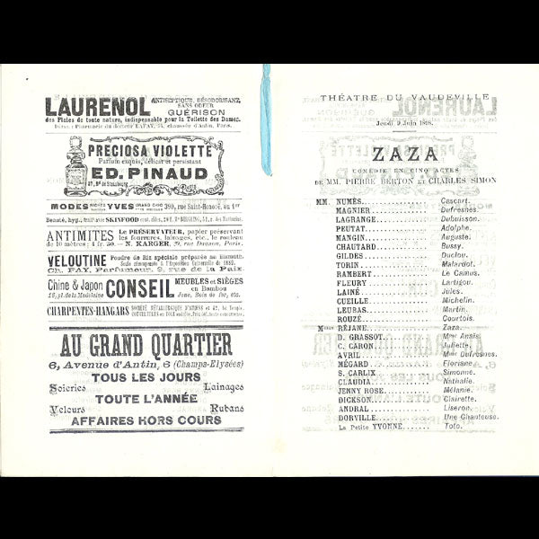 Zaza (1898), programme de la pièce costumée par Poiret pour Doucet