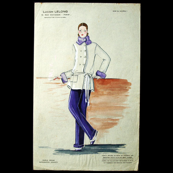 Dessin de la maison Lucien Lelong, tailleur pantalon (circa 1925)