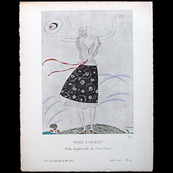 Gazette du Bon Ton - Voici l'Orage ! robe d'après-midi de Paul Poiret, planche de Georges Lepape (n°6, 1920)