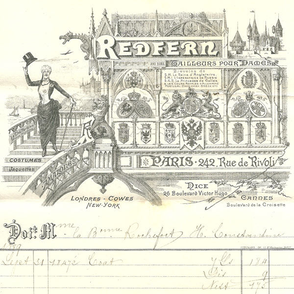 Facture de Redfern and sons, tailleur pour dames, 242, rue de Rivoli à Paris (1889)