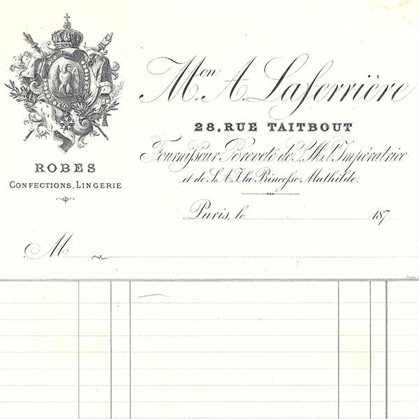 Facture de la maison A. Laferrière, robes, confections, lingerie, 28 rue Taitbout à Paris (circa 1870)