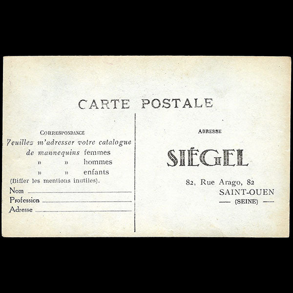 Siegel - carte publicitaire représentant un mannequin (circa 1920-1930)