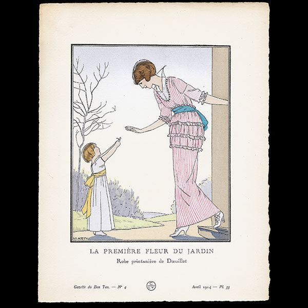 Gazette du Bon Ton - La première fleur du jardin, robe printanière de Doeuillet, planche de Marty (n°4, 1914)