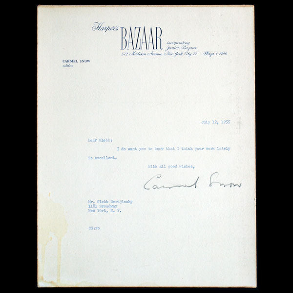 Lettre autographe signée de Carmel Snow à Derujinsky sur papier à en-tête du Harper's Bazaar (1955)