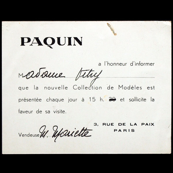 Carton d'invitation de la maison Paquin, 3 rue de la paix à Paris (circa 1940)