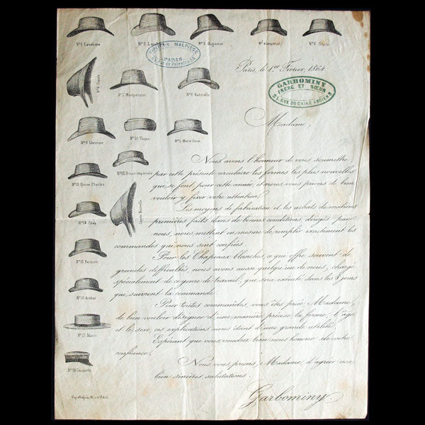 Lettre de la maison de chapeaux Garbominy, 21 rue du Caire ancien à Paris (1864)