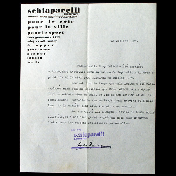 Schiaparelli - Certificat de travail d'une modiste à Londres (1937)