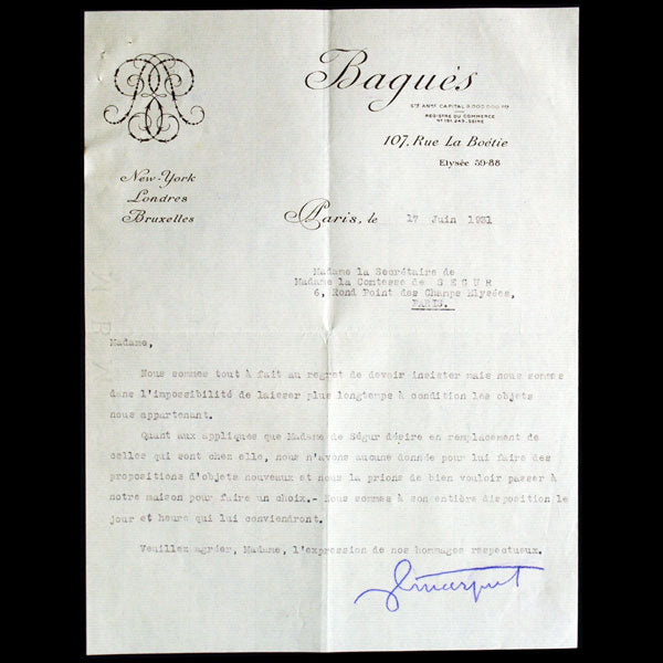 Lettre de la maison de lustres et de ferronnerie d'art Baguès adressée à la Comtesse de Ségur (1931)