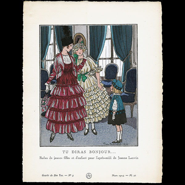 Gazette du Bon Ton - Tu diras bonjour robes d'après-midi de Jeanne Lanvin planche de Pierre Brissaud (n°3, 1914)