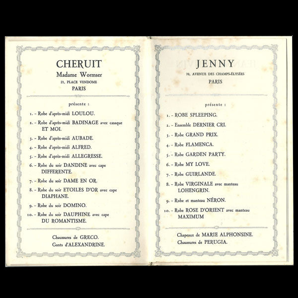 Programme du défilé de la Haute Couture Parisienne à Milan en mai 1928