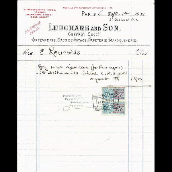 Facture de la maison Leuchars and Son, 2 rue de la Paix à Paris (1921)