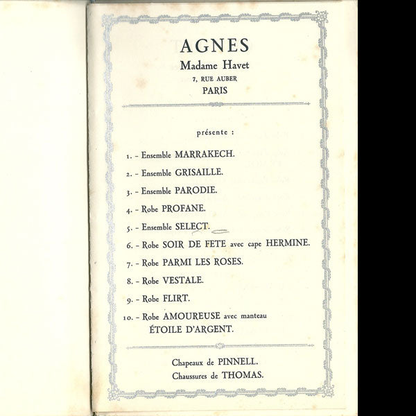 Programme du défilé de la Haute Couture Parisienne à Milan en mai 1928