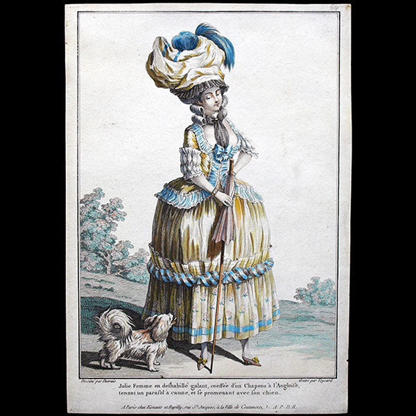 Gallerie des Modes et Costumes Français, 1778-1787, gravure n° L 64, Jolie Femme en déshabillé galant par Desrais (1778)